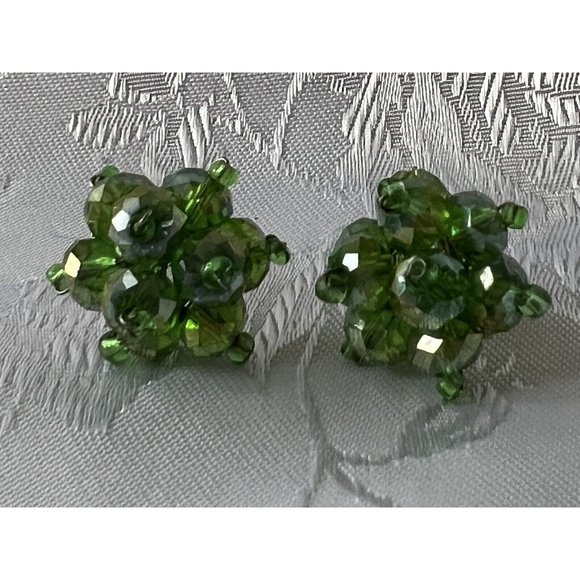 Vintage Green Aurora Borealis Crystal PIERCED!! Earrings - Picture 2 of 3